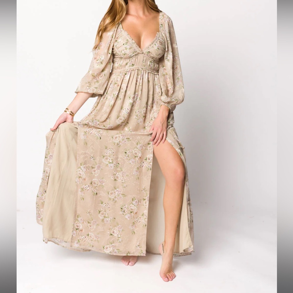 Long Sleeve Maxi Dress in Beige/Multi Floral - Bump Friendly
